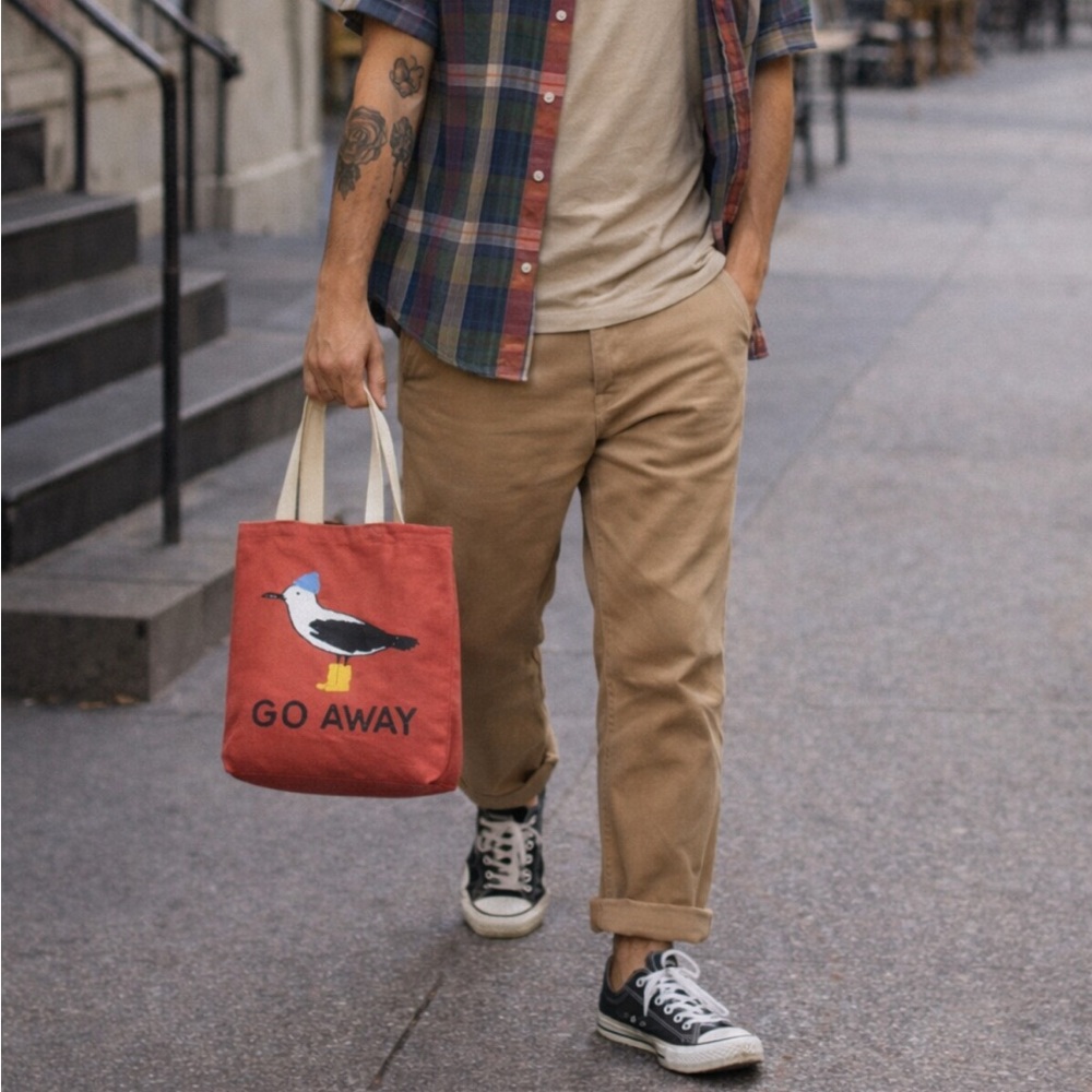TOTE BAG Red Tote Bag Seagull Design Terracotta Go Away Seagull Canvas Tote Bag